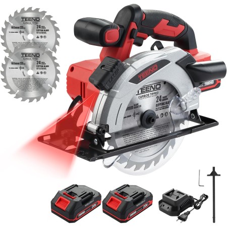 TEENO Sierra circular láser sin cable 4000 RPM con freno eléctrico, 2x2.0 AH baterías, 2X165mm cuchillas, profundidad de corte y