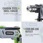 WORKPRO 850W Taladro Percutor, Taladro Eléctrico con Cable, Taladro de Impacto con Mango Giratorio de 360°, 3000 RPM, Botón de