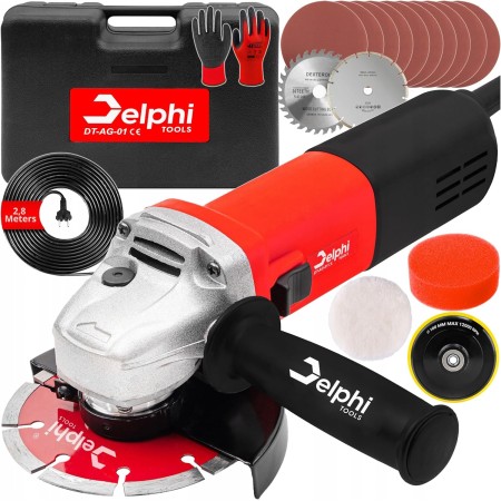 Delphi Tools - Amoladora angular (1500 W, 125 mm, regulación de velocidad, maletín, discos de corte y accesorios, arranque