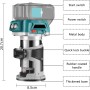 Fresadora Inalámbrica para Batería Makita de 18V, Herramienta Fresadora de Madera Inalámbrica de 6 Velocidades 800W 30000 RPM,