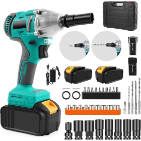 Llave de Impacto Inalámbrica, Brushless 1/2" 1000Nm Llave de Impacto Eléctrica con 7 Enchufes, Pistola de Impacto Bateria de par