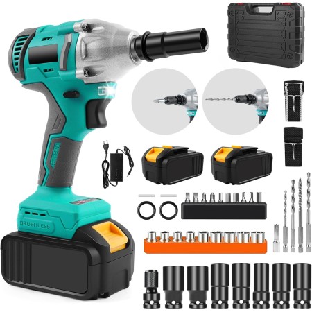 Llave de Impacto Inalámbrica, Brushless 1/2" 1000Nm Llave de Impacto Eléctrica con 7 Enchufes, Pistola de Impacto Bateria de par