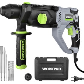 WORKPRO Taladro Percutor Eléctrico 1050W, Martillo Perforador, Percutor con Mango Giratorio 360°, con 4 Funciones y Velocidades