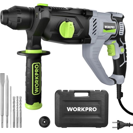 WORKPRO Taladro Percutor Eléctrico 1050W, Martillo Perforador, Percutor con Mango Giratorio 360°, con 4 Funciones y Velocidades