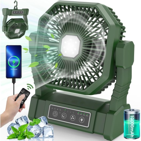 BIBURY Camping Fan with LED Light, Rechargeable Outdoor Tent Fan with Hook and Remote, Powerful 4 Speed USB Desk Fan for
