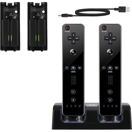 SANON Estación de Carga para Mando Wii, Estación de Carga 2 en 1 para Mando Wii de Cargador de 2 Puertos con 2 Pilas Recargables