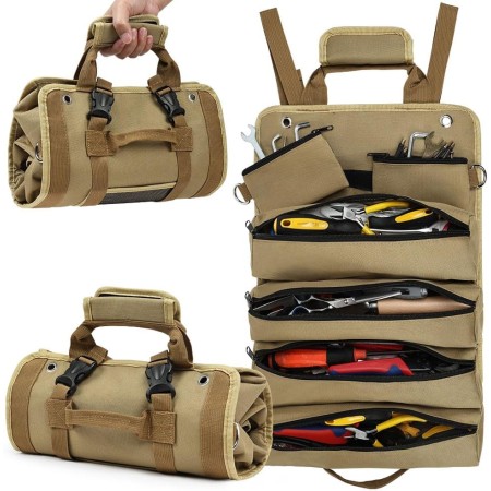 Adiwo Bolsa herramientas, Bolsa Multiusos Enrollable, Organizador de Rollos de Herramientas con 6 bolsillos con cremallera,