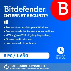 Bitdefender Internet Security 2025 | 5 Dispositivos | 1 Año | PC | Código de activación por email | Renovación automática