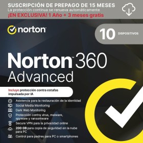 Norton 360 Advanced 2025 │ 10 Dispositivos │ 15 meses renovación automática │ Social Media, Dark Web Monitoring y VPN │ Código