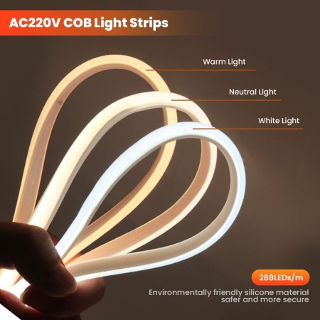 XUNATA 2m LED Neon Flexible 220V, Alto brillo Tira de LED COB con Cable de Alimentación, Cada Corte de 50 cm, IP65 Impermeable,