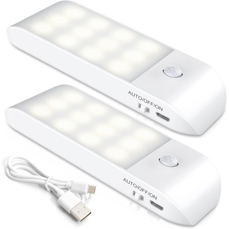 Lámpara Nocturna Recargable con Sensor Movimiento (2 PCs con 24 LED), Luces con 3 Modos, Luz Cálida para Armario, Gabinete,