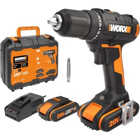 Worx wx108 Taladro atornillador 20V Máx. PowerShare, ligero, 2 baterías 2Ah, cargador y maletín Portabrocas 13mm, 45Nm, Luz LED