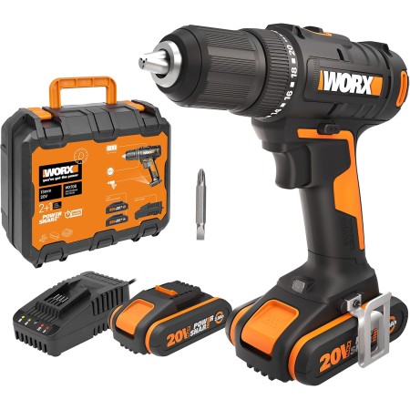 Worx wx108 Taladro atornillador 20V Máx. PowerShare, ligero, 2 baterías 2Ah, cargador y maletín Portabrocas 13mm, 45Nm, Luz LED