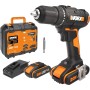 Worx wx108 Taladro atornillador 20V Máx. PowerShare, ligero, 2 baterías 2Ah, cargador y maletín Portabrocas 13mm, 45Nm, Luz LED