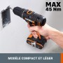 Worx wx108 Taladro atornillador 20V Máx. PowerShare, ligero, 2 baterías 2Ah, cargador y maletín Portabrocas 13mm, 45Nm, Luz LED