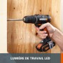 Worx wx108 Taladro atornillador 20V Máx. PowerShare, ligero, 2 baterías 2Ah, cargador y maletín Portabrocas 13mm, 45Nm, Luz LED