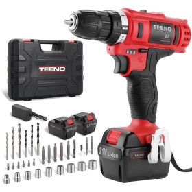 TEENO - Taladro atornillador inalámbrico PSR 21V + 2 baterías de litio + 41 accesorios + guantes profesionales LED Luz Para