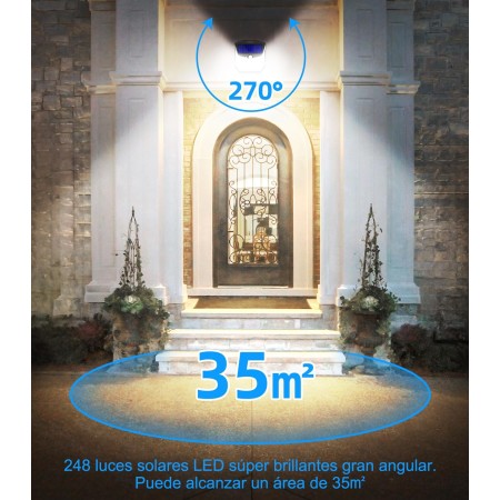Luz Solar LED Exterior Jardin: 248 LED Luces Solares Sensor de Movimiento 270° Foco Solar Exteriores Lampara IP65 Impermeable