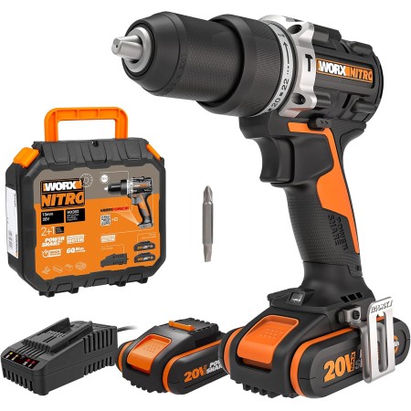 WORX Taladro Percutor a batería 20V Máx | WX352 | Motor sin escobillas | Power Share | 2 baterías de 2Ah | Cargador y maletín |