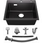 Sofetiy Fregadero de cocina de granito negro, 50 x 45 cm, color negro, rectangular, de granito, moderno juego de fregadero, con