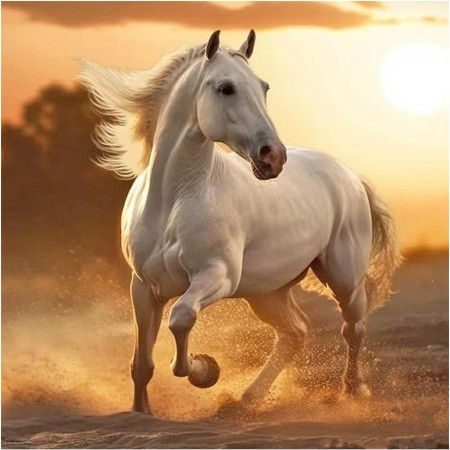 SHEGZHUC Cuadro Diamantes de Caballo 40x40cm Pintura Diamante Caballo Blanco Pintura Diamante Puesta de Sol Punto de Cruz