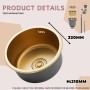 HZKSINNK Fregaderos de cocina, Fregadero individual dorado, 1 lavabo redondo de cocina / baño fregadero de acero inoxidable en