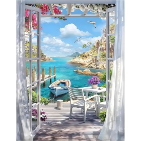 MXJSUA DIY Paisaje Junto al mar Barco Paisaje Pintura Diamante Kit para Principiantes, 5D Diamond Painting Kit Adultos, Punto de