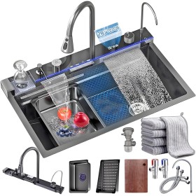 Fregadero Multifuncional 1 Seno, Negro Encimera Cocina, Fregadero Inteligente con Fregadero de Cascada Nano Revestimiento con