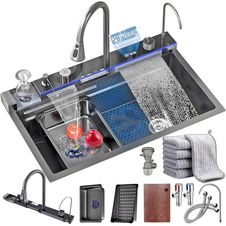 Fregadero Multifuncional 1 Seno, Negro Encimera Cocina, Fregadero Inteligente con Fregadero de Cascada Nano Revestimiento con