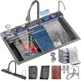 Fregadero Multifuncional 1 Seno, Negro Encimera Cocina, Fregadero Inteligente con Fregadero de Cascada Nano Revestimiento con