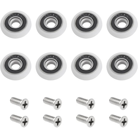 Paquete de 8 rodillos para puerta de ducha con tornillo M5, camino de puerta curvado blanco con piezas de rueda excéntricas,