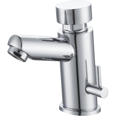 HOMSSY Grifo Temporizado para Lavabo, 2 Aguas (Agua Caliente y Fría), Diseño Cromado, Control Eficiente de Agua