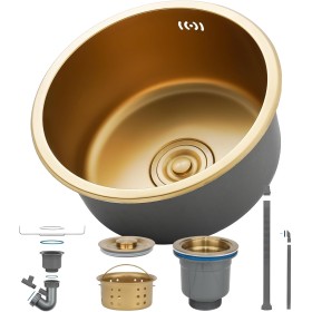 HZKSINNK Fregaderos de cocina, Fregadero individual dorado, 1 lavabo redondo de cocina / baño fregadero de acero inoxidable en