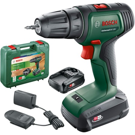 Bosch Home and Garden UniversalDrill Taladro y Atornillador a Batería, 18V, 2 Baterías, Sistema de 18 V, en Maletín, Color Verde