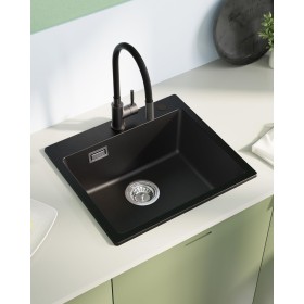 Sofetiy Fregadero de cocina de granito negro, 50 x 45 cm, color negro, rectangular, de granito, moderno juego de fregadero, con