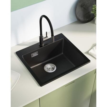 Sofetiy Fregadero de cocina de granito negro, 50 x 45 cm, color negro, rectangular, de granito, moderno juego de fregadero, con
