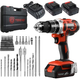 TEENO Taladro atornillador inalámbrico 2 x 2.0Ah baterías, destornillador desatornillador 45Nm Taladro percusión, 69