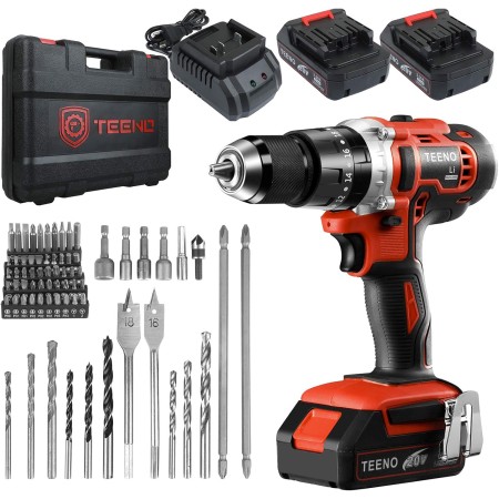 TEENO Taladro atornillador inalámbrico 2 x 2.0Ah baterías, destornillador desatornillador 45Nm Taladro percusión, 69