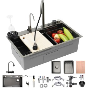 85x45cm fregadero negro multifuncional con cascada, Fregadero de Acero Inoxidable Para Montaje Superior, Con Nanorrevestimiento