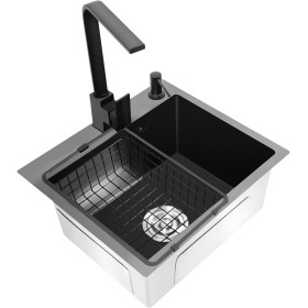 Fregadero negro, 40 x 45 cm, línea orientativa en forma de X, con giro de 360°, con dispensador de jabón de 150 ml, escurridor
