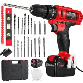 TEENO Martillo Perforador 21V, Taladro Destornillador Inalámbrico con 2 Baterías de 2000mAh, 40Nm, 18+3 Ajustes de Par, 20