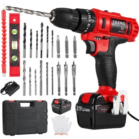 TEENO Martillo Perforador 21V, Taladro Destornillador Inalámbrico con 2 Baterías de 2000mAh, 40Nm, 18+3 Ajustes de Par, 20