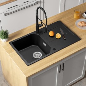 ANYCEE 78x45 cm Fregadero Negro con Escurridor, Fregadero Granito Negro sobre Encimera para Armario bajo de Más de 45cm,