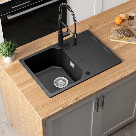 ANYCEE 78x45 cm Fregadero Negro con Escurridor, Fregadero Granito Negro sobre Encimera para Armario bajo de Más de 45cm,