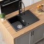 ANYCEE 78x45 cm Fregadero Negro con Escurridor, Fregadero Granito Negro sobre Encimera para Armario bajo de Más de 45cm,
