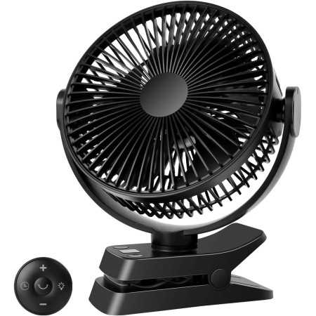 ELZO USB Desktop Fan, 21cm/8.26 inch, 12000mAh Rechargeable Quiet Clip Camping Fan with 5 Speeds, LED Light, 360° Rotation,