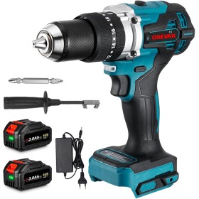ONEVAN taladro percutor a bateria 20v, 680w taladro inalámbrico con 2x3.0ah bateria, 140nm, 20+3 ajuste de par, sin escobillas,