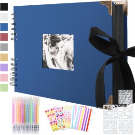 Album de Fotos Scrapbook Espiral, 80 Páginas Azul Marino DIY Album Set con 2 Pcs Photo Corners, 6 Pcs Pegatinas, 5 Plantillas,