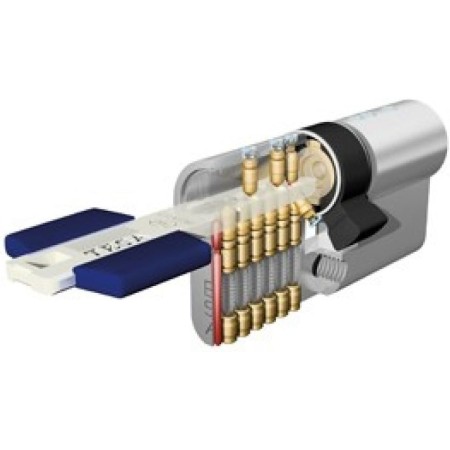 Tesa Assa Abloy, TX8B3030L, Cilindro de Alta Seguridad, TX80, Doble Embrague, Leva Larga, Llave - Botón, Latonado, 30 x 30 mm