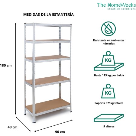 The Homeweeks Estantería Metálica 180x90x40cm Galvanizada Modular.5 Baldas Ajustables MDF Carga 175 kg por Estante y 875 kg